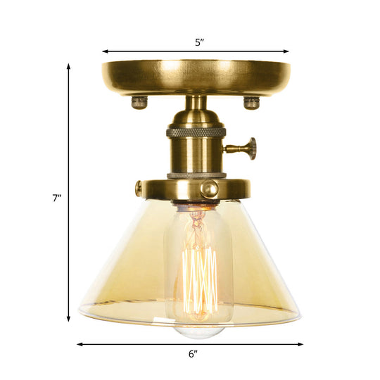 1-Light Clear/Amber Glass Ceiling Lighting - Industrial Brass Cone/Rhombus/Bell Semi Flush Mount for Dining Room