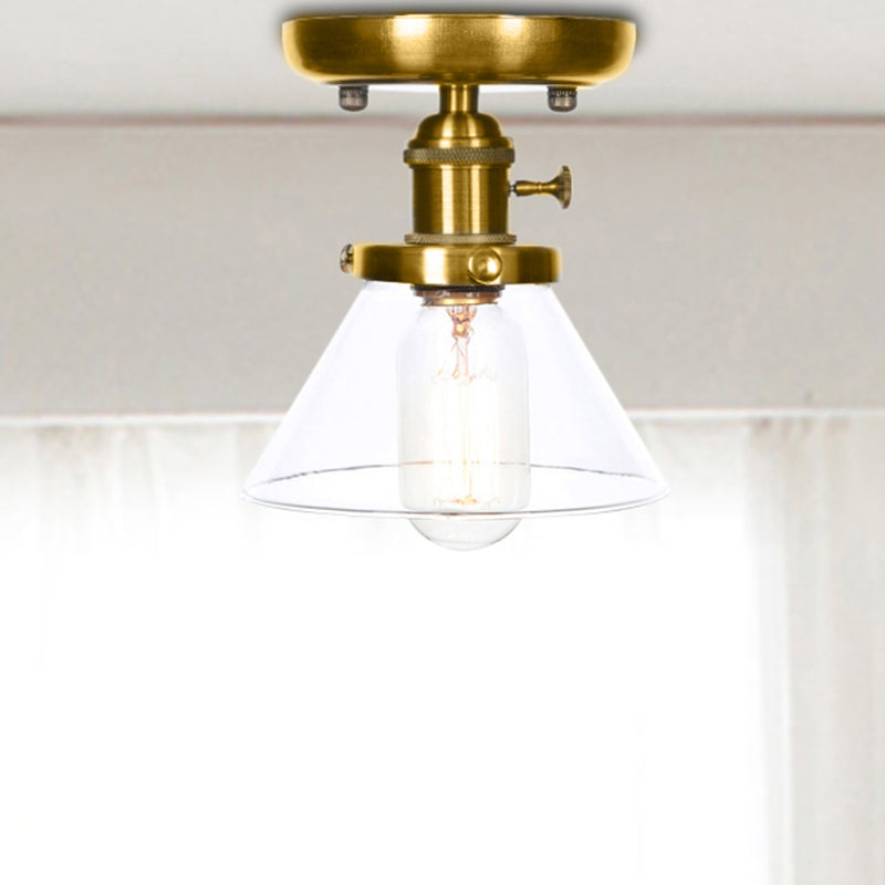 1-Light Clear/Amber Glass Ceiling Lighting - Industrial Brass Cone/Rhombus/Bell Semi Flush Mount for Dining Room