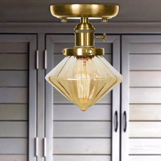 1-Light Clear/Amber Glass Ceiling Lighting - Industrial Brass Cone/Rhombus/Bell Semi Flush Mount for Dining Room