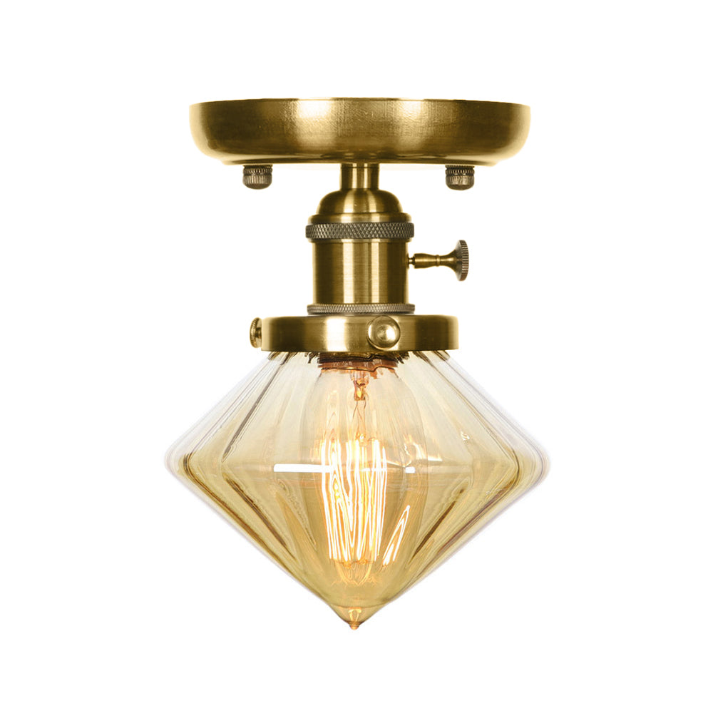 1-Light Clear/Amber Glass Ceiling Lighting - Industrial Brass Cone/Rhombus/Bell Semi Flush Mount for Dining Room