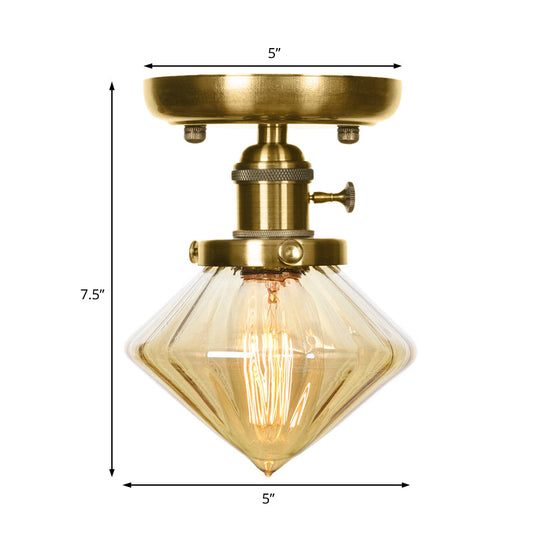 1-Light Clear/Amber Glass Ceiling Lighting - Industrial Brass Cone/Rhombus/Bell Semi Flush Mount for Dining Room