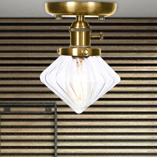 1-Light Clear/Amber Glass Ceiling Lighting - Industrial Brass Cone/Rhombus/Bell Semi Flush Mount for Dining Room