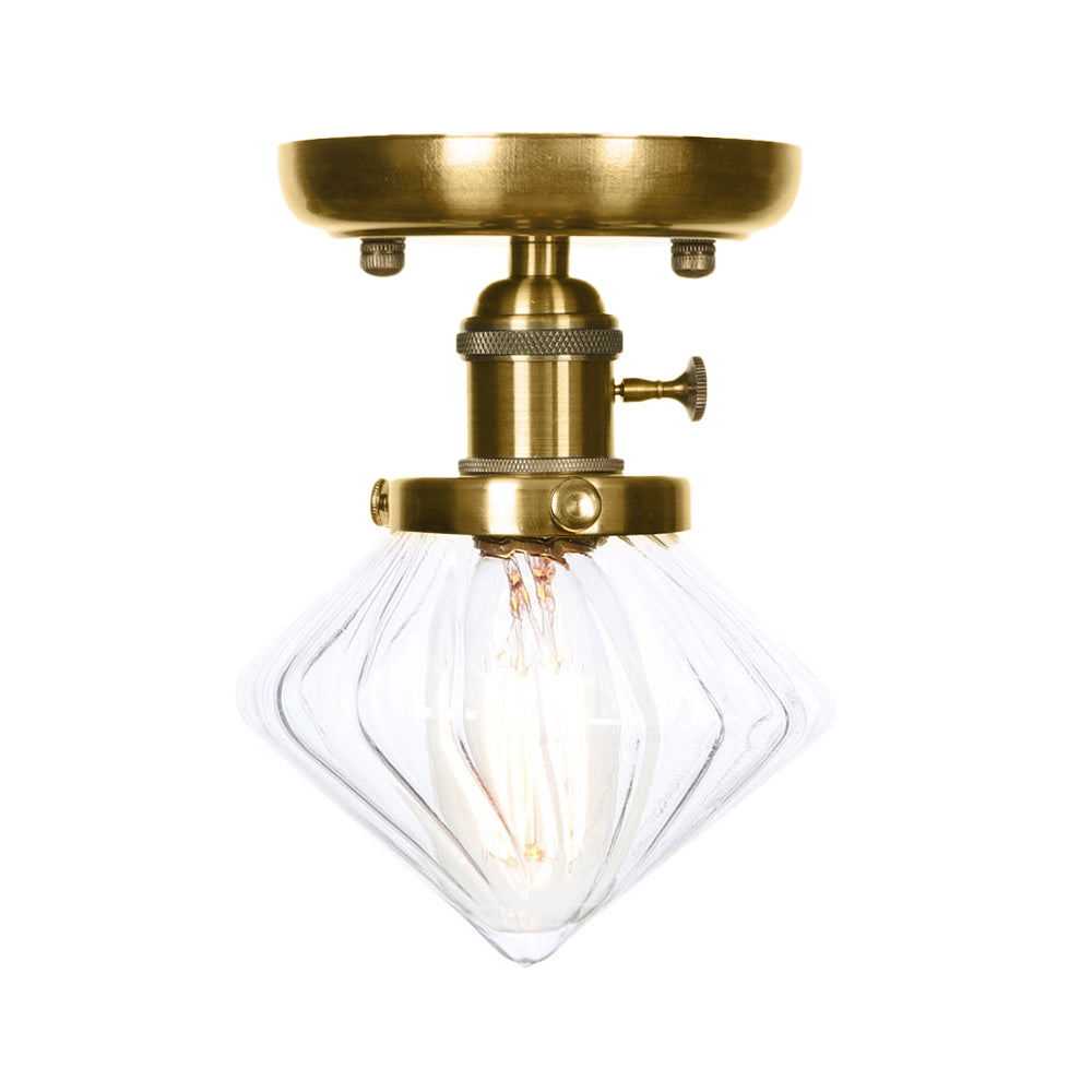 1-Light Clear/Amber Glass Ceiling Lighting - Industrial Brass Cone/Rhombus/Bell Semi Flush Mount for Dining Room