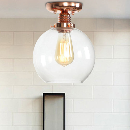 Copper Ceiling Semi Flush Light with Clear Glass Globe Shade - Industrial Style