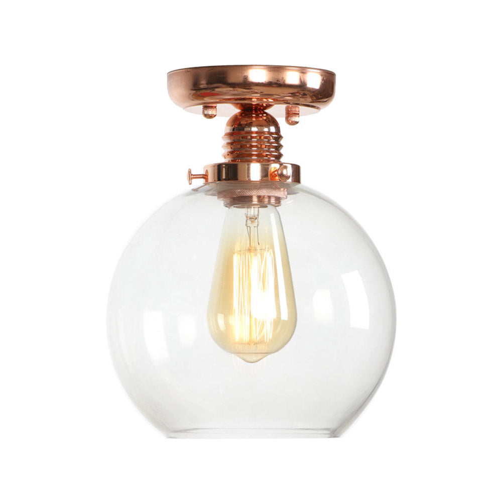 Copper Ceiling Semi Flush Light with Clear Glass Globe Shade - Industrial Style