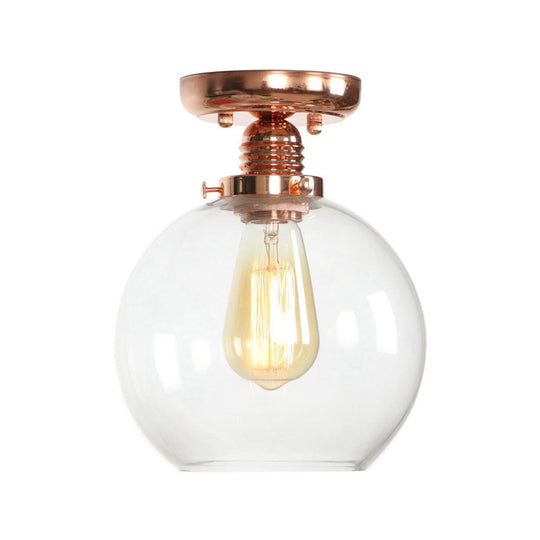 Copper Ceiling Semi Flush Light With Clear Glass Globe Shade - Industrial Style