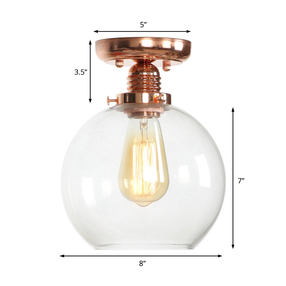 Copper Ceiling Semi Flush Light With Clear Glass Globe Shade - Industrial Style