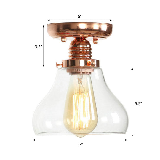 Copper Ceiling Semi Flush Light with Clear Glass Globe Shade - Industrial Style