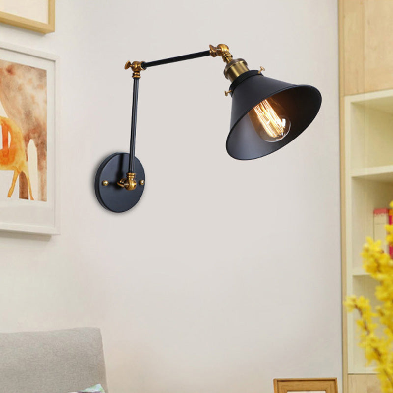 Industrial Swing Arm Wall Sconce - Conic Study Room Lamp (1 Bulb) Black/Brass Metallic Finish Black