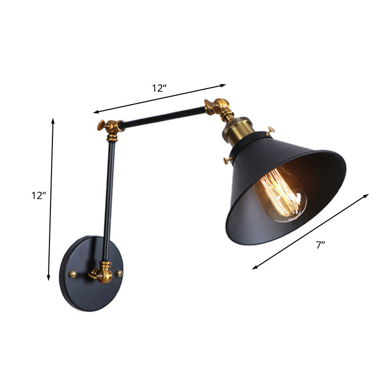 Industrial Swing Arm Wall Sconce - Conic Study Room Lamp (1 Bulb) Black/Brass Metallic Finish