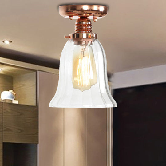 Copper Semi Flush Ceiling Fixture: Clear Glass Cone/Barrel/Bell Shade for Industrial Living Room with 1 Light