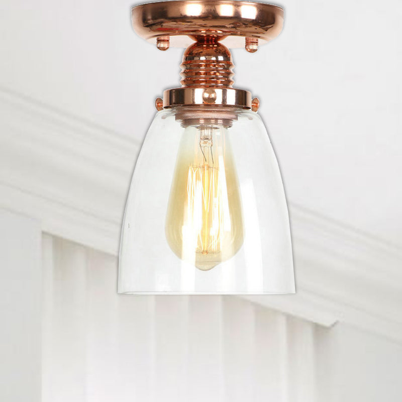 Copper Semi Flush Ceiling Fixture: Clear Glass Cone/Barrel/Bell Shade For Industrial Living Room