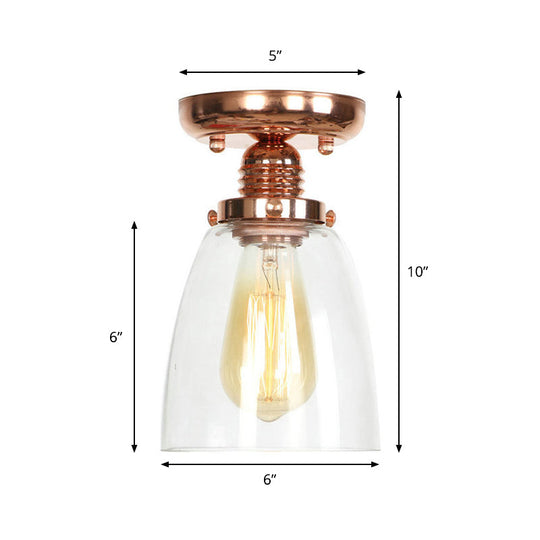 Copper Semi Flush Ceiling Fixture: Clear Glass Cone/Barrel/Bell Shade for Industrial Living Room with 1 Light