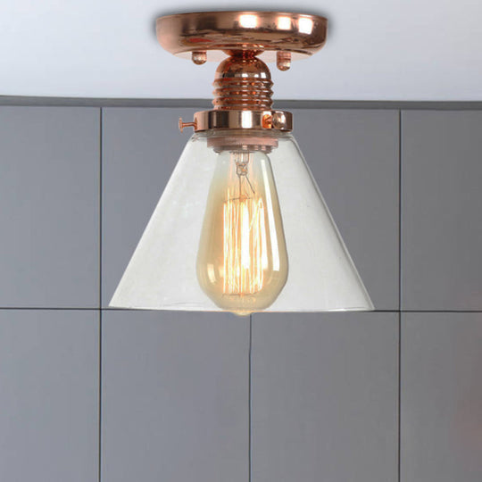 Copper Semi Flush Ceiling Fixture: Clear Glass Cone/Barrel/Bell Shade for Industrial Living Room with 1 Light