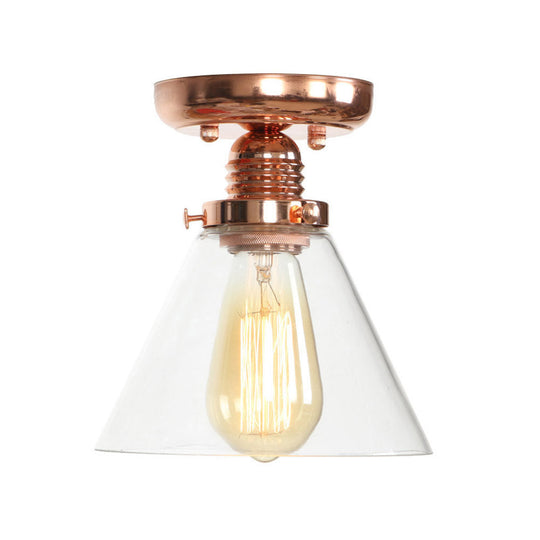 Copper Semi Flush Ceiling Fixture: Clear Glass Cone/Barrel/Bell Shade For Industrial Living Room