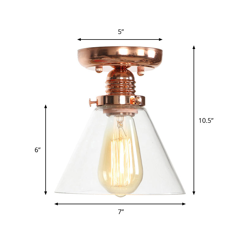 Copper Semi Flush Ceiling Fixture: Clear Glass Cone/Barrel/Bell Shade for Industrial Living Room with 1 Light