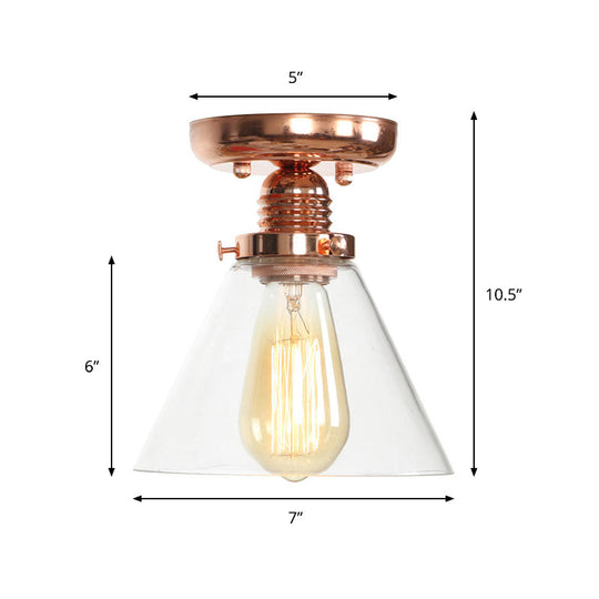 Copper Semi Flush Ceiling Fixture: Clear Glass Cone/Barrel/Bell Shade for Industrial Living Room with 1 Light