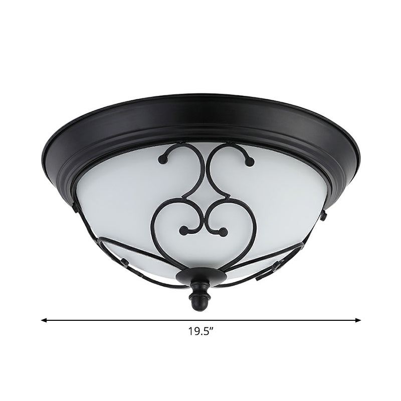 Retro Dome Shade Flush Ceiling Light - Milky Glass Flushmount with Curved Decor in Black