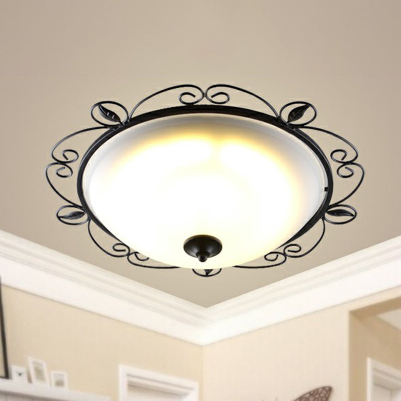 Traditional Black Dome Flush Mount Ceiling Light with 3 Opal Glass Heads and Swirled Decor