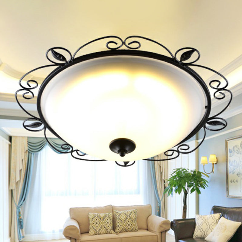 Traditional Black Dome Flush Mount Ceiling Light with 3 Opal Glass Heads and Swirled Decor