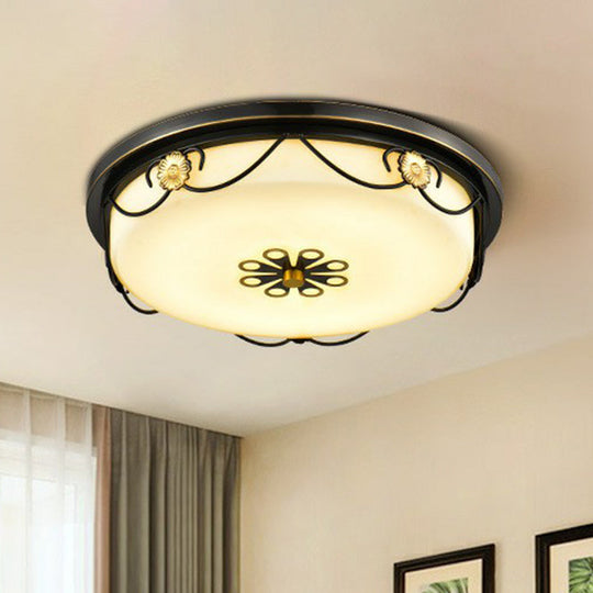 Black Retro Led Flush Mount Bedroom Ceiling Light With Cream Glass / Small