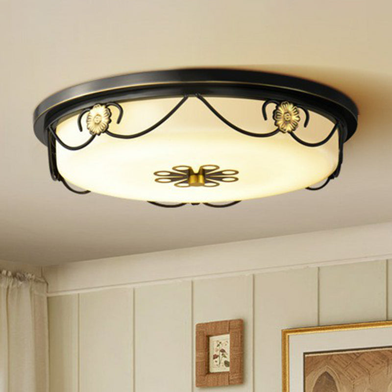 Black Retro Led Flush Mount Bedroom Ceiling Light With Cream Glass