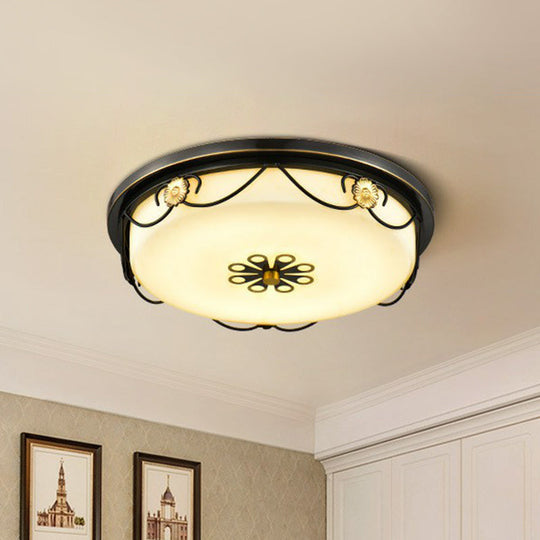 Black Retro Led Flush Mount Bedroom Ceiling Light With Cream Glass