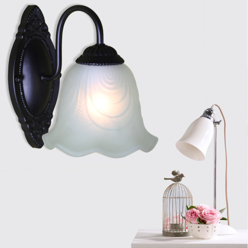 Vintage Black Bell Frost Glass Wall Light Fixture With Single Bulb For Corridor / A