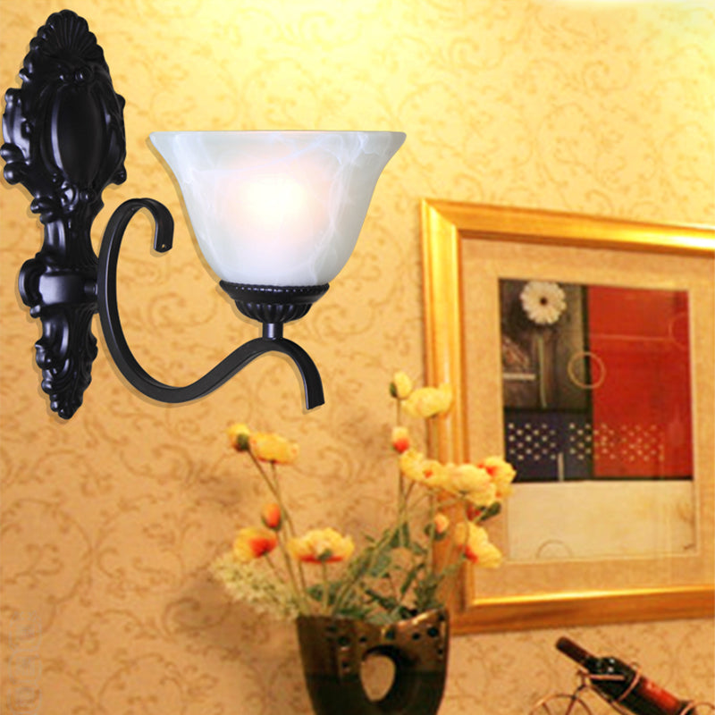 Vintage Black Bell Frost Glass Wall Light Fixture With Single Bulb For Corridor / E