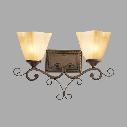 Rustic Beige Glass Bell Shaped Wall Lamp With Dual Heads - Brown Bedroom Light Fixture