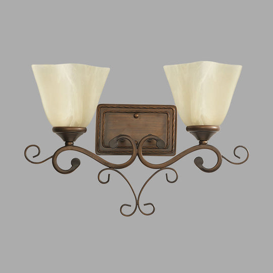 Rustic Beige Glass Bell Shaped Wall Lamp With Dual Heads - Brown Bedroom Light Fixture