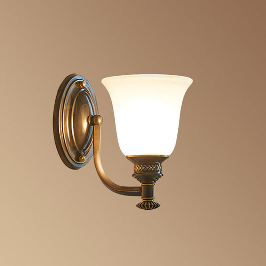 Brass Bell Wall Light With Classic White Frost Glass - Bedside Mount Fixture