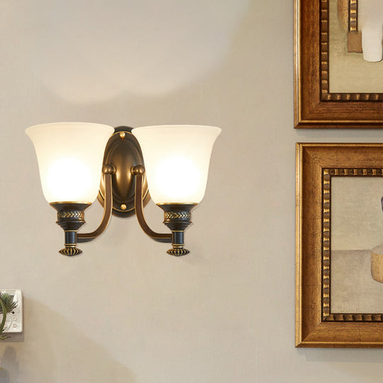 Brass Bell Wall Light With Classic White Frost Glass - Bedside Mount Fixture