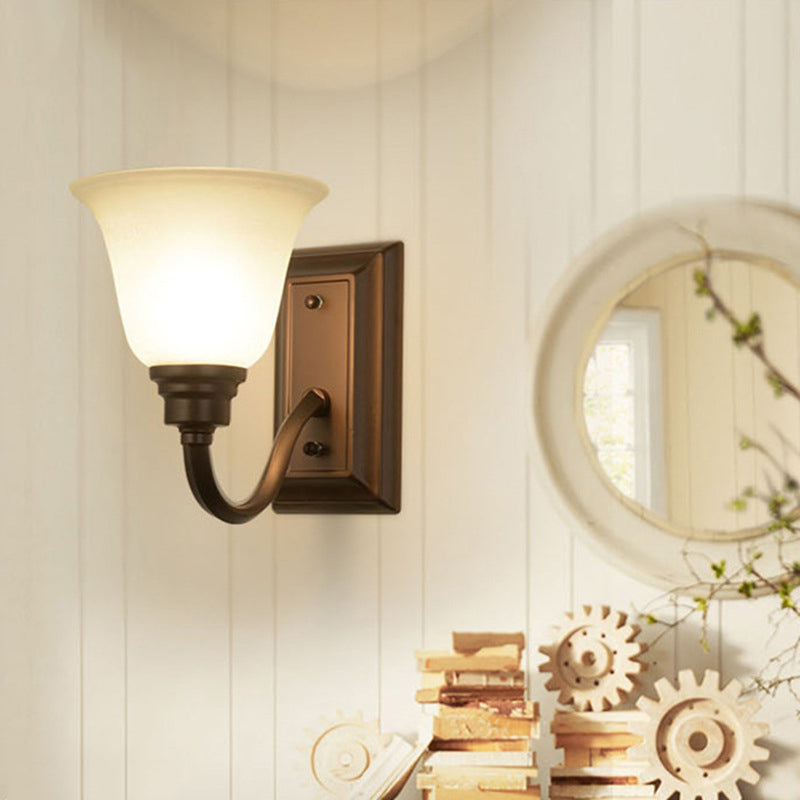 Traditional 1-Light Cream Glass Bedside Wall Lamp With Brown Flared Shape