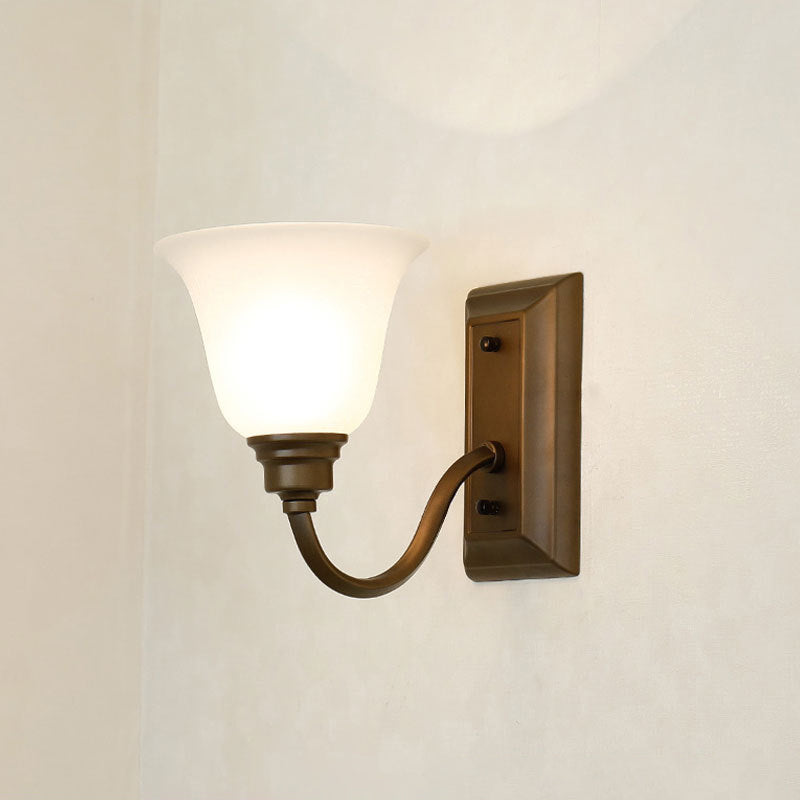 Traditional 1-Light Cream Glass Bedside Wall Lamp With Brown Flared Shape