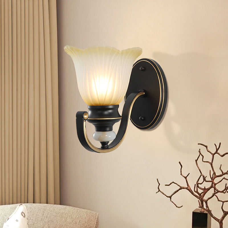 Retro Ruffled Wall Mount Light - Ribbed Glass Lighting Single-Bulb Coffee Finish Ideal For Living