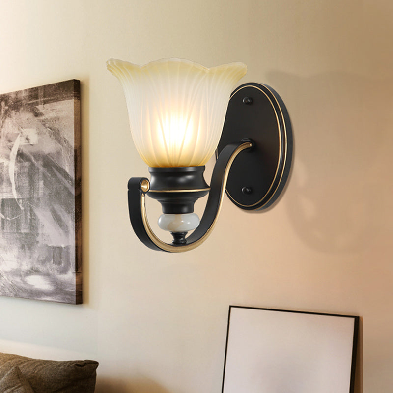 Retro Ruffled Wall Mount Light - Ribbed Glass Lighting Single-Bulb Coffee Finish Ideal For Living