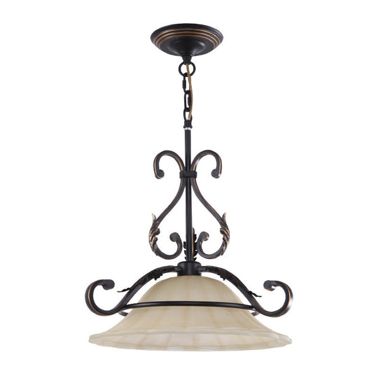 Classic Curved Iron Suspension Lighting With Distressed White Glass Shade - Dining Room Pendant