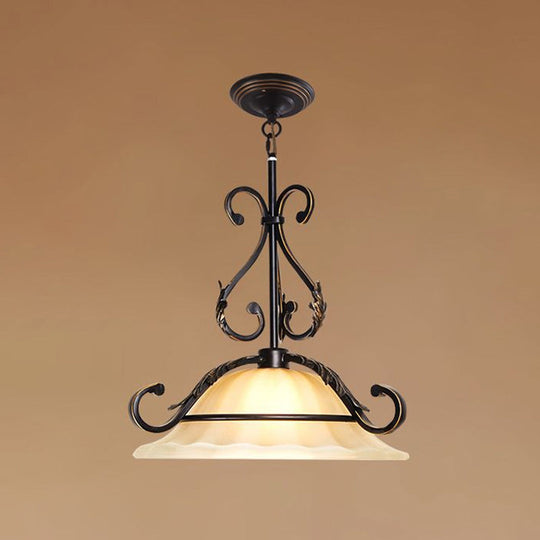 Classic Curved Iron Suspension Lighting With Distressed White Glass Shade - Dining Room Pendant