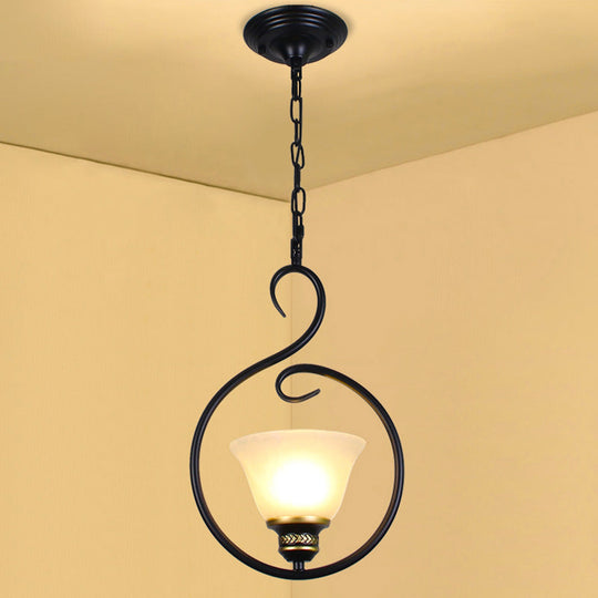 Traditional Opal Glass Hooded Pendant Light With Black Bell Shade - Dining Room Ceiling