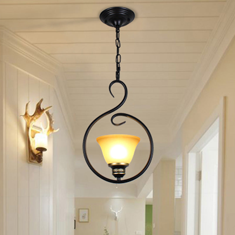 Traditional Opal Glass Hooded Pendant Light With Black Bell Shade - Dining Room Ceiling / A