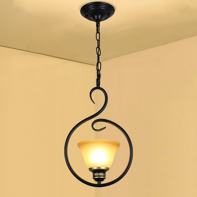 Traditional Opal Glass Hooded Pendant Light With Black Bell Shade - Dining Room Ceiling