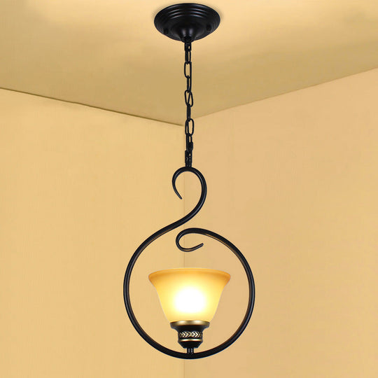 Traditional Opal Glass Hooded Pendant Light With Black Bell Shade - Dining Room Ceiling