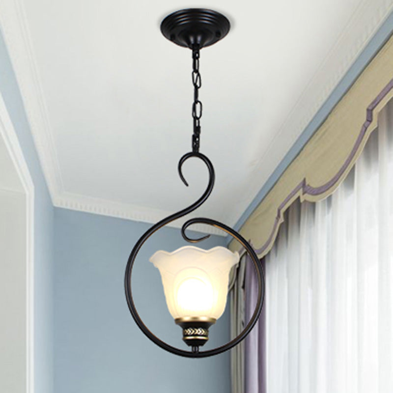 Traditional Opal Glass Hooded Pendant Light With Black Bell Shade - Dining Room Ceiling / C