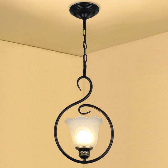 Traditional Opal Glass Hooded Pendant Light With Black Bell Shade - Dining Room Ceiling