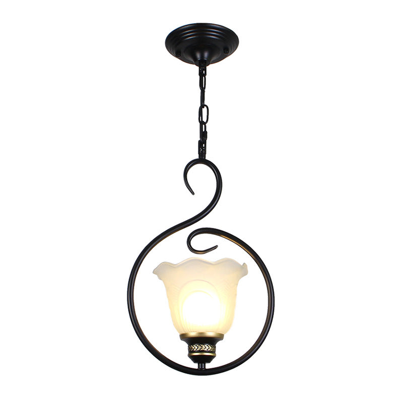 Traditional Opal Glass Hooded Pendant Light With Black Bell Shade - Dining Room Ceiling