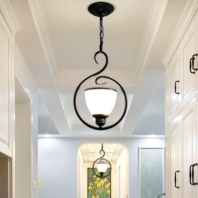 Traditional Opal Glass Hooded Pendant Light With Black Bell Shade - Dining Room Ceiling