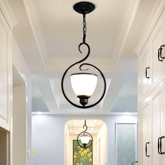 Traditional Opal Glass Hooded Pendant Light With Black Bell Shade - Dining Room Ceiling