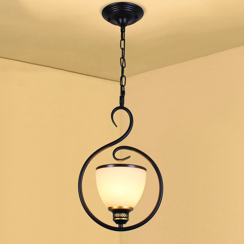 Traditional Opal Glass Hooded Pendant Light With Black Bell Shade - Dining Room Ceiling