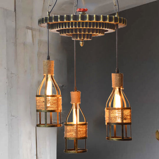 Industrial Bronze Bottle Chandelier - 3-Light Rope and Metal Hanging Pendant Light Fixture for Dining Room with Gear